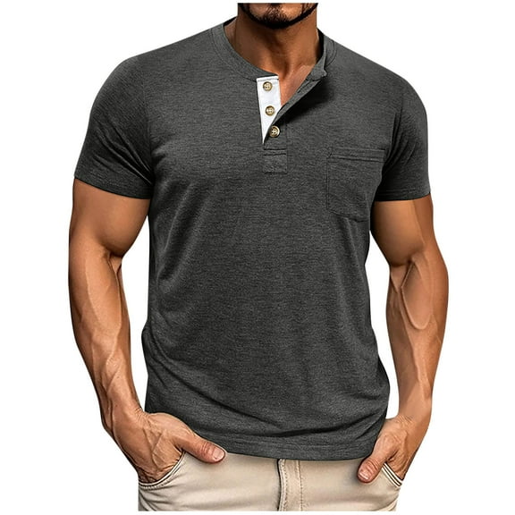 Gfyviroh Men's T-shirts Trendy Solid Color Short Sleeve Tops Button Henley Pullover Tshirts with Pocket