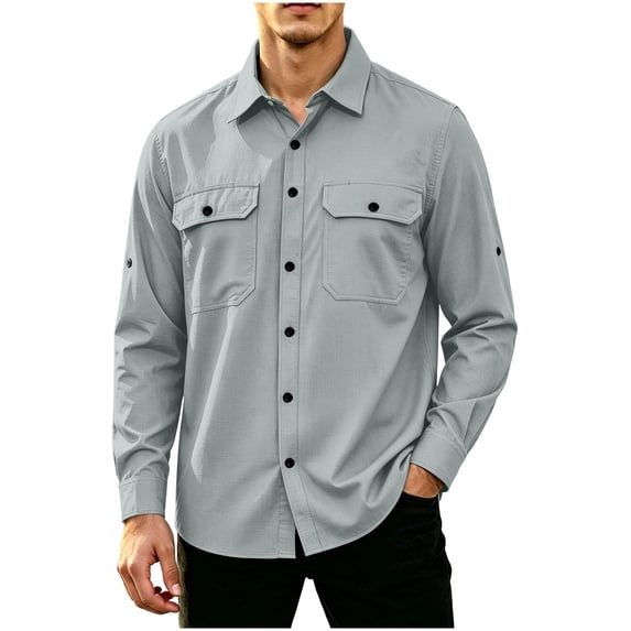 Gfyviroh Men's Work Shirts Casual Full Button Front Lightweight Shirt with Chest Pockets Comfy Long Sleeve Outdoor Shirt