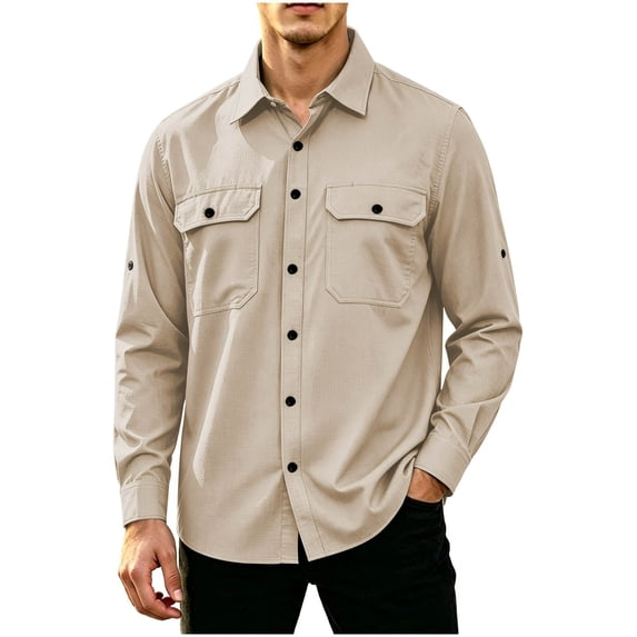 Gfyviroh Men's Work Shirts Casual Full Button Front Lightweight Shirt with Chest Pockets Comfy Long Sleeve Outdoor Shirt