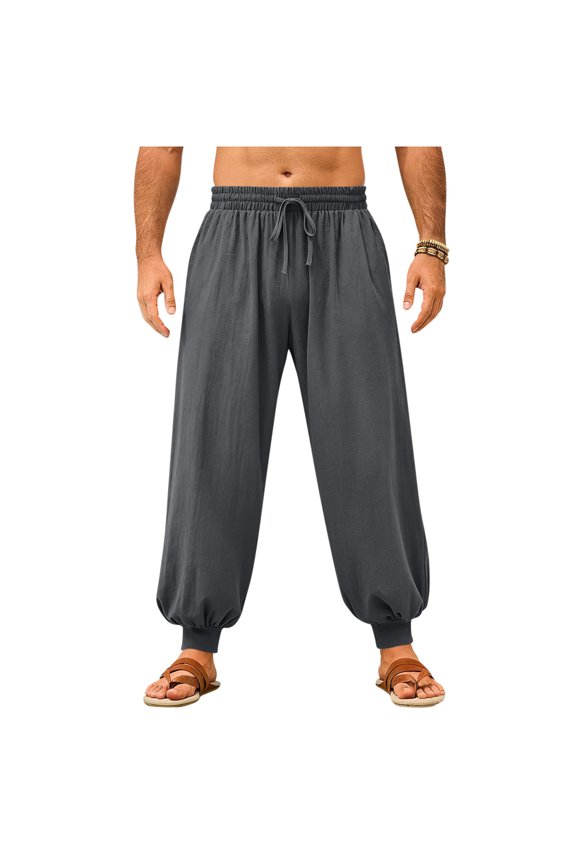 Mens Casual Pants Solid Drawstring Baggy Cuffed Pants Elastic Waist Pockets Beach Pants Plus Size Trousers