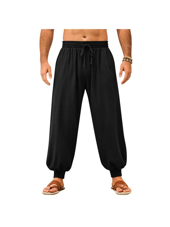 Mens Casual Pants Solid Drawstring Baggy Cuffed Pants Elastic Waist Pockets Beach Pants Plus Size Trousers