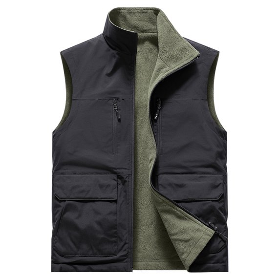 Gfyviroh Mens Fleece Lined Vests Multi Pockets Waterproof Sleeveless Jackets Turn-down Collar Zip Up Vest Coats