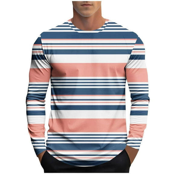 Gfyviroh Mens Tops Trendy Casual Stripes Workout Tops Long Sleeve Crew Neck Lightweight T-shirts