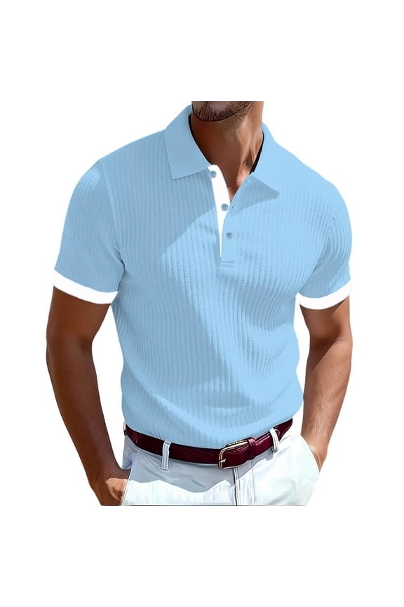Mens Trendy T-Shirts Turn Down Collar Button Pullover Tee Shirts Short Sleeve Patchwork Ribbed Tops