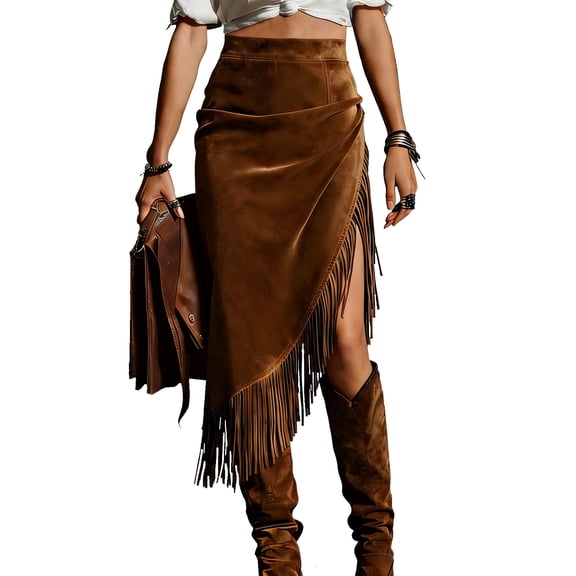 Gfyviroh Midi Skirts for Women Ruched Slim Fit Side Slit Skirts with Fringe Solid Back Zip High Waisted Long Skirts