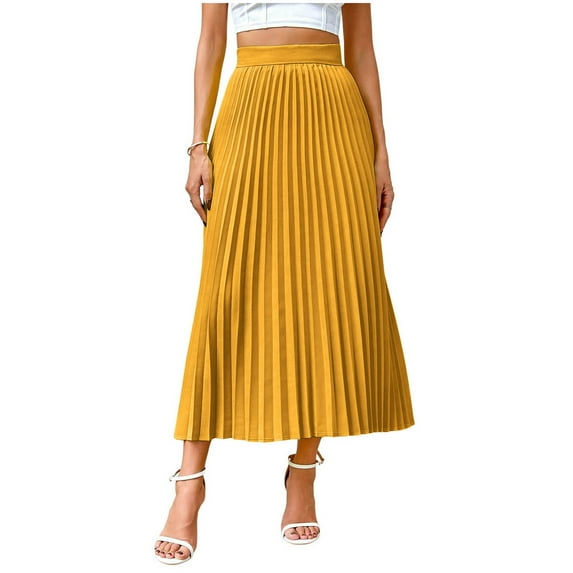 Gfyviroh Midi Skirts for Women Solid Color Pleated High Waist Skirts Elastic Waist Business Casual A-Line Skirts