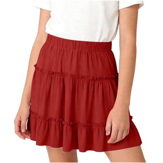 Gfyviroh Mini Skirts for Big Girls Stretch High Waisted Solid Ruffle Skirts Soft Comfy Cute Flared Layered Skirt,Size 5-15 Years