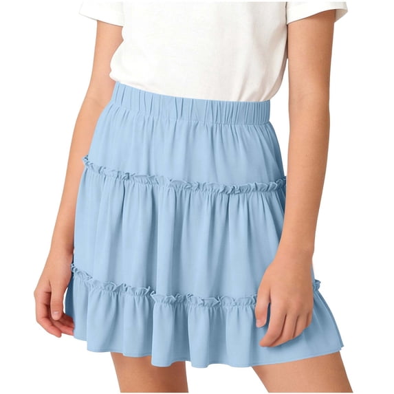 Gfyviroh Mini Skirts for Big Girls Stretch High Waisted Solid Ruffle Skirts Soft Comfy Cute Flared Layered Skirt,Size 5-15 Years