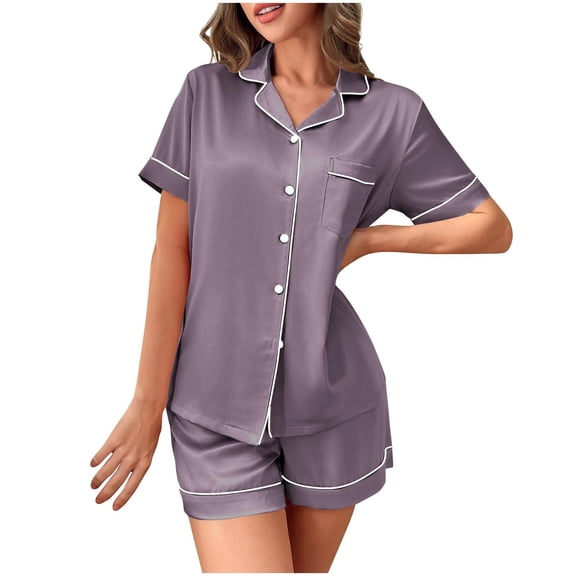 Gfyviroh Pajama Sets for Women 2 Piece Solid Soft Silk Satin Button Open Front Homewear Outfits Short Sleeve Tops and Shorts Sleepwear Sets