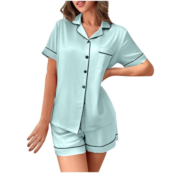 Gfyviroh Pajama Sets for Women 2 Piece Solid Soft Silk Satin Button Open Front Homewear Outfits Short Sleeve Tops and Shorts Sleepwear Sets