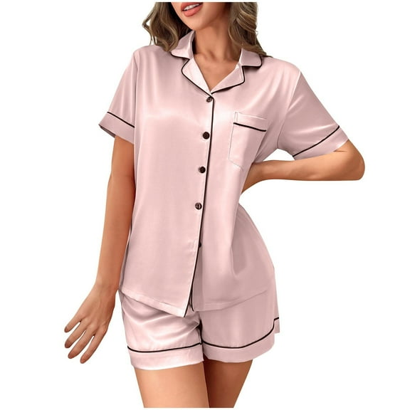 Gfyviroh Pajama Sets for Women 2 Piece Solid Soft Silk Satin Button Open Front Homewear Outfits Short Sleeve Tops and Shorts Sleepwear Sets
