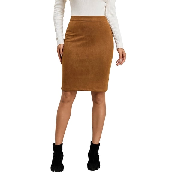 Gfyviroh Pencil Skirt for Women Comfy Faux Suede Slim Bodycon Skirts High Waist Stretch Office Casual Skirt