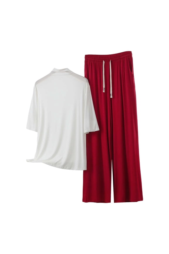 Plus Size Pajama Sets for Women Cozy Modal Short Sleeve Pajamas High Neck Tops and Drawstring Pants Lounge Sleep Set