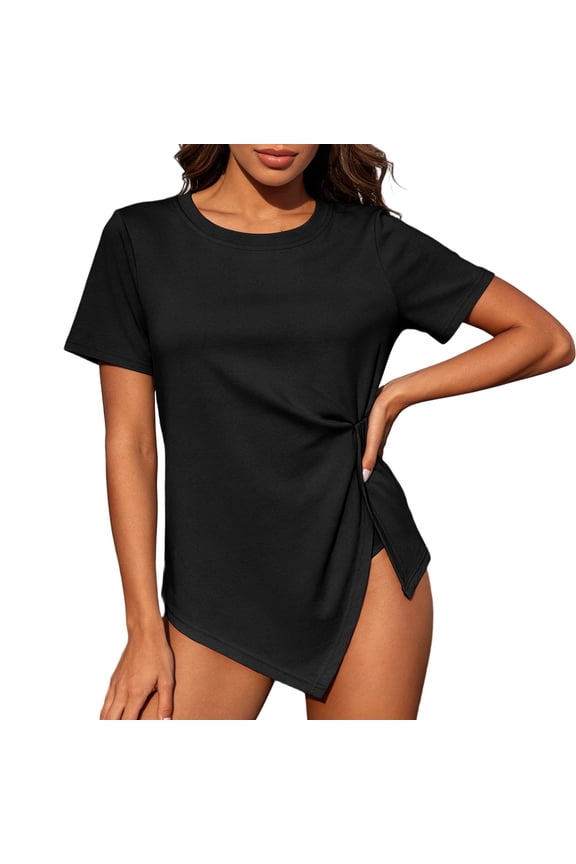 Plus Size T-Shirts for Women Solid Short Sleeve Irregular Hem Cute Top Side Ruched Casual Daily Tee Shirt