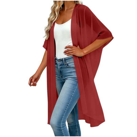 Gfyviroh Plus Size Women's Cover Ups Short Sleeve Thin Long Coverups Open Front Solid Cover Up Cardigan