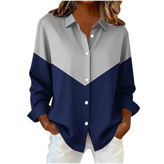 Gfyviroh Shirts for Women Casual Plus Size Button Front Tops Color Block Turn-down Collar Long Sleeve Blouses