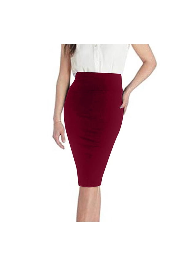Skirts for Women Casual Solid Color Side Slit Knee Length Skirts High Waist Comfortable Pull On Slim Office Pencil Skirts