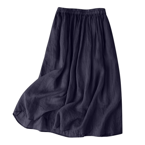 Gfyviroh Skirts for Women Lightweight Cotton Linen Pleated Elastc Waist Skirts Casual Solid Color Pull On Flowy Midi Skirts