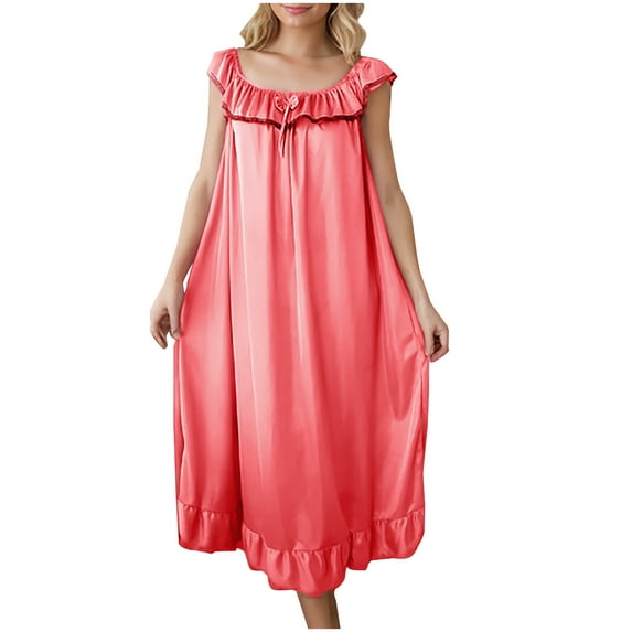 Gfyviroh Sleeveless Nightgowns for Women Solid Color Pleated Ruffle Hem Nightshirts Silk Satin Casual Crewneck Nightdress