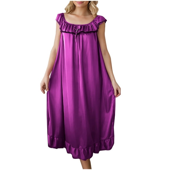 Gfyviroh Sleeveless Nightgowns for Women Solid Color Pleated Ruffle Hem Nightshirts Silk Satin Casual Crewneck Nightdress