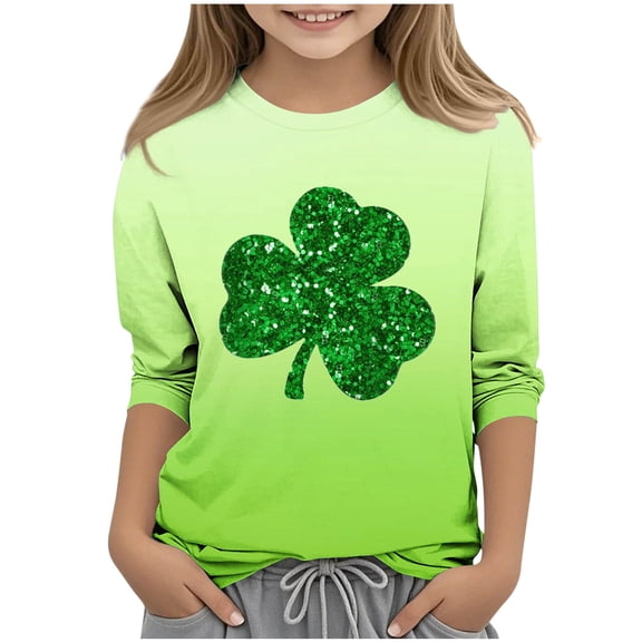 Gfyviroh St. Patrick's Day Toddler Girl's T-shirts 3-13 Years Trendy Gradient Color Print Tops Casual Crew Neck 3/4 Sleeve Tees Kids Blouses