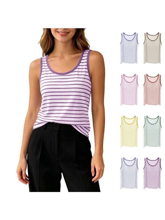 Striped Tank Tops for Women Crew Neck Loose Lounge Layering Top Modal Comfy Sleeveless Daily Undershirt