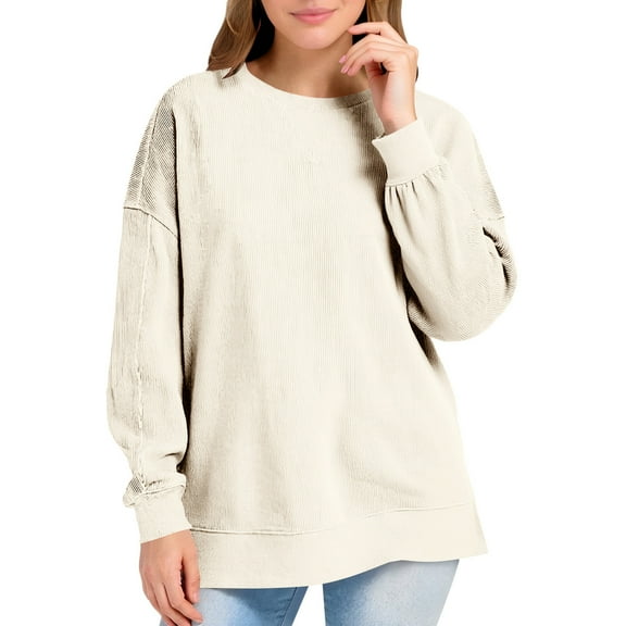 Gfyviroh Sweatshirts for Women Ribbed Side Slit Long Sleeve Sweatshirts Crewneck Solid Color Pullover Fall Sweatshirts