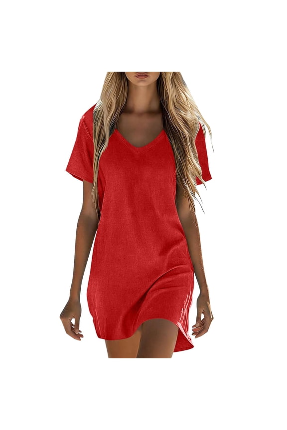T-Shirt Dress for Women Plain Casual Cotton Linen Short Sleeve Dresses Summer Loose Fit Mini Dress