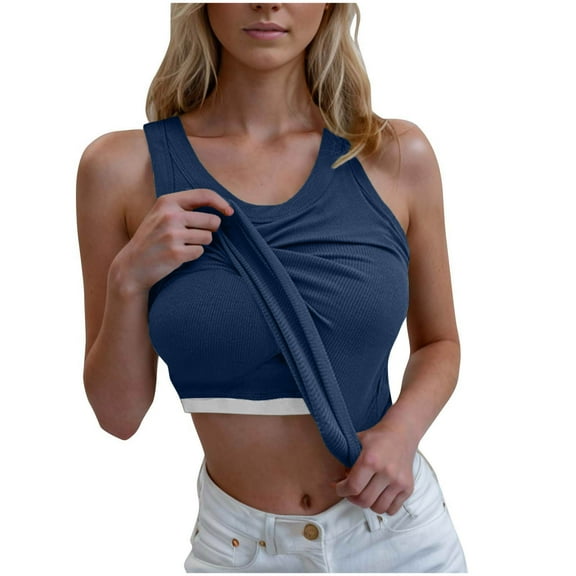 Gfyviroh Tank Tops for Women Solid Color Crewneck Breathable Tops with Built In Bra Padded Thin Sleeveless Slim Undershirts