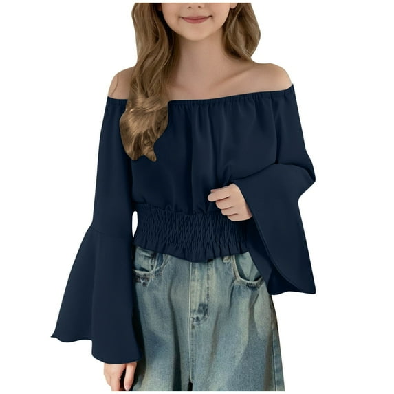 Gfyviroh Toddler Girls One-shoulder Tops Bell Sleeves Tummy Control Shirts Teen Girls Cute Tops,5-15 Y
