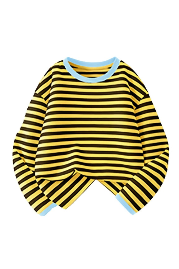 Toddler Girls and Boys Cotton T-shirts Pullover Crew Neck Patchwork Basic Tops 3-15 Years Long Sleeve Stripes Tops