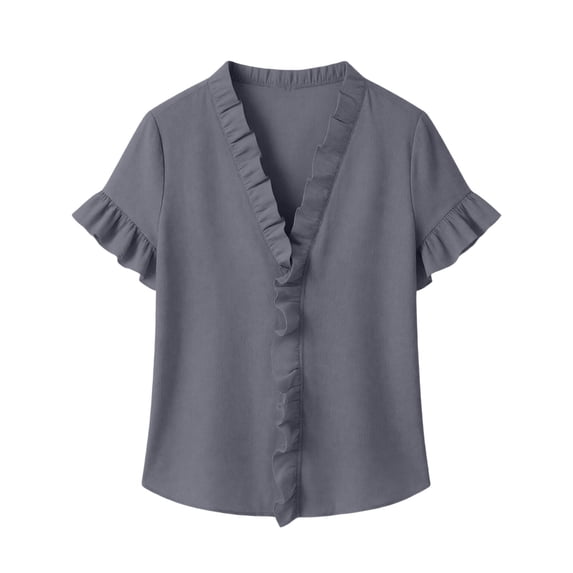 Gfyviroh Trendy Tops for Women Ruffle Trim V-Neck Casual Shirt Cotton Linen Short Sleeve Summer Blouse