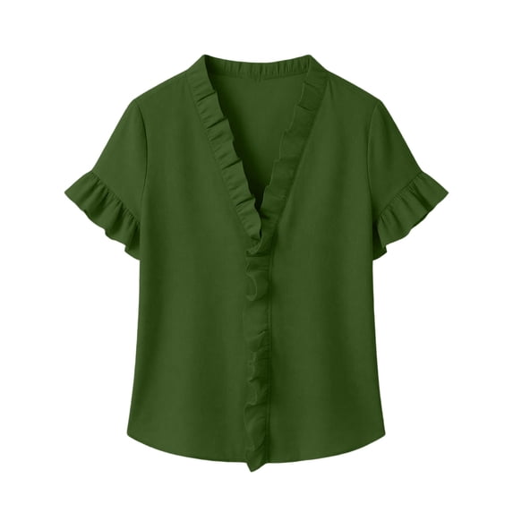 Gfyviroh Trendy Tops for Women Ruffle Trim V-Neck Casual Shirt Cotton Linen Short Sleeve Summer Blouse