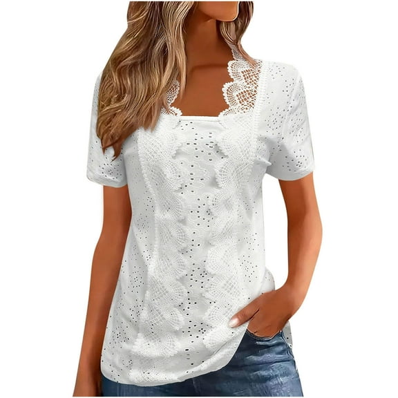 Gfyviroh Trendy Women's Tops Lace Square Neck Casual Tops Short Sleeve 3/4 Sleeve T-shirts Hollowed-out Pullover