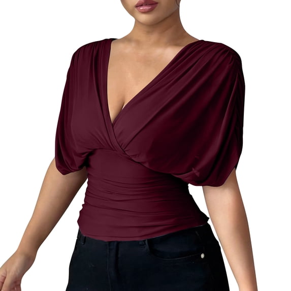 Gfyviroh Trendy Womens Tops Deep V-Neck Backless Tie Ruched Tshirts Short Sleeve Tummy Control Casual Tops