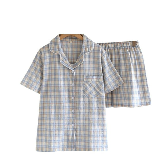 Gfyviroh Women 2 Piece Pajamas Sets Turn-down Collar Button Short Sleeve Tops and Shorts Outfits Comfortable Pocket Plaid Short Loungewear Sets