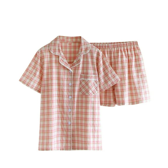 Gfyviroh Women 2 Piece Pajamas Sets Turn-down Collar Button Short Sleeve Tops and Shorts Outfits Comfortable Pocket Plaid Short Loungewear Sets