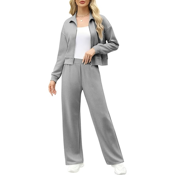 Gfyviroh Women Tracksuit Sets 2 Piece Lightweight Loose Solid Athletic Outfits Long Sleeve Zip Up Turn-down Collar Outerwear and Wide-straight Leg Pants Sets