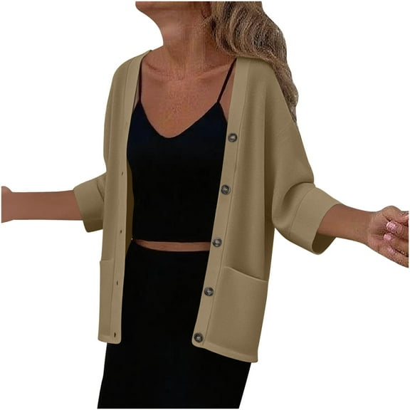 Gfyviroh Women's 3/4 Sleeve Cardigan Lightweight Fall Long Sleeve Outerwear with Pockets Button Open Front Comfortable Cardigans