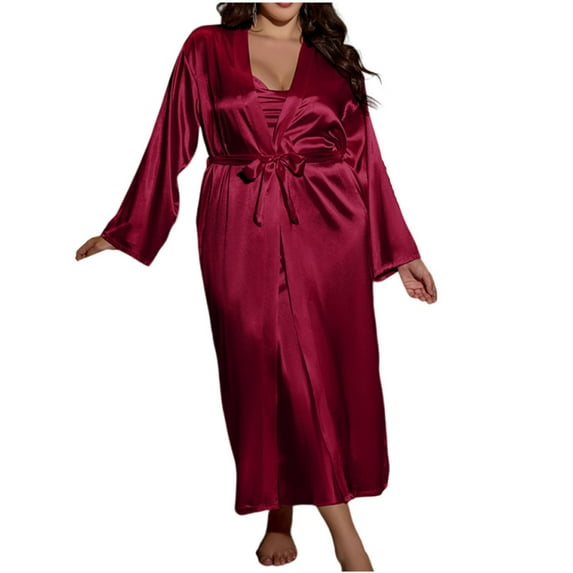 Gfyviroh Women's 3 Piece Pajama Sets Sleeveless Nightgowns and Robe Sets with Matching Belt Soft Satin Long Sleepwear Sets