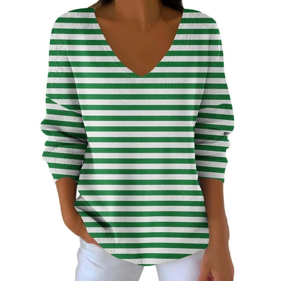 Gfyviroh Women's Blouses Casual Fashion Stripes V Neck Tops Loose Plus Size Long Sleeve Pullover Fall Blouses