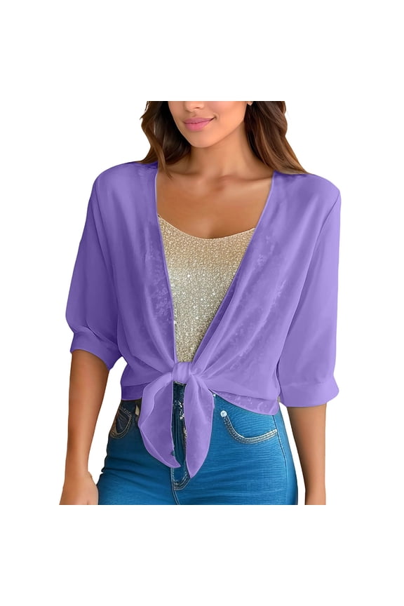 Women's Cardigan Tie Front Elbow Length Sleeve Sheer Shrug Solid Lightweight Cropped Cover Up