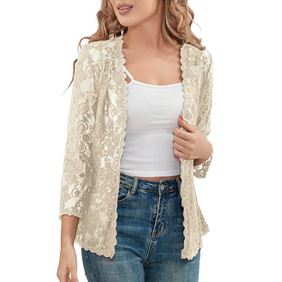 Gfyviroh Women's Cardigans Thin Plus Size 3/4 Sleeve Casual Comfortable Cardigans Lightweight Trendy Hollowed-out Lace Outerwear