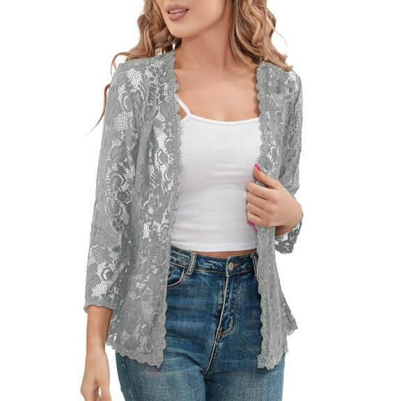 Gfyviroh Women's Cardigans Thin Plus Size 3/4 Sleeve Casual Comfortable Cardigans Lightweight Trendy Hollowed-out Lace Outerwear