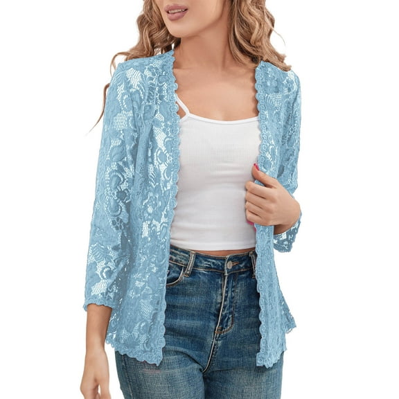 Gfyviroh Women's Cardigans Thin Plus Size 3/4 Sleeve Casual Comfortable Cardigans Lightweight Trendy Hollowed-out Lace Outerwear