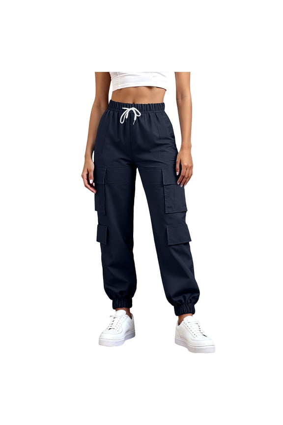 Women's Casual Cargo Pants Multi Pockets Comfortable Drawstring Trousers Lightweight Elastic Waist Loose Cuffed Pants