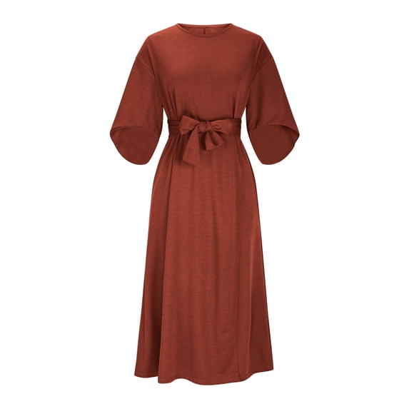 Gfyviroh Women's Casual Dresses Fall 3/4 Sleeve Belted Maxi Dresses Comfortable Plus Size Crew Neck Dress