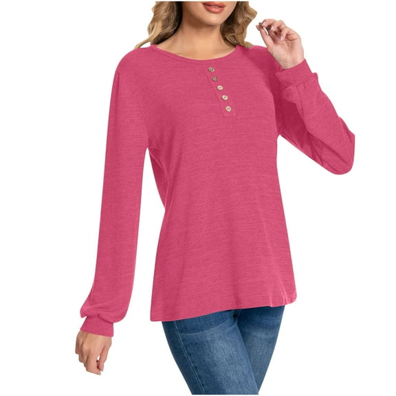 Gfyviroh Women's Casual Tops Lightweight Slim Long Sleeve Button Tshirts Solid Color Crewneck Pullover Tops