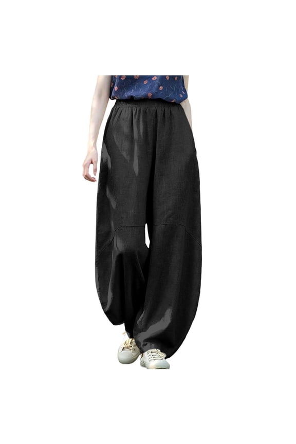Women's Casual Trousers Plus Size Solid Baggy Harem Pants with Pockets Summer Comfortable Daily Linen Pants