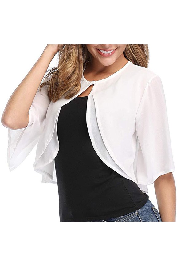 Women's Chiffon Capelet Shrug Open Front Button Closure Short Sleeve Bolero Stylish Solid Cute Cropped Cardigan